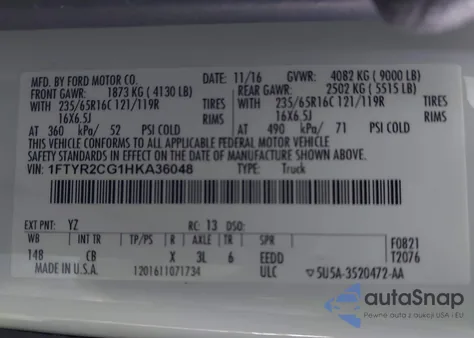 2017 Ford Transit-250 z USA, uszkodzony, nr VIN 1FTYR2CG1HKA36048